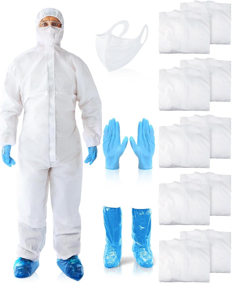 Shyyween 10 Set Hazmat Suits Disposable Protective Paint Coverall Suit with Shoe Covers Nitrile Glove Mask Wrists Ankles Hood - Image 1